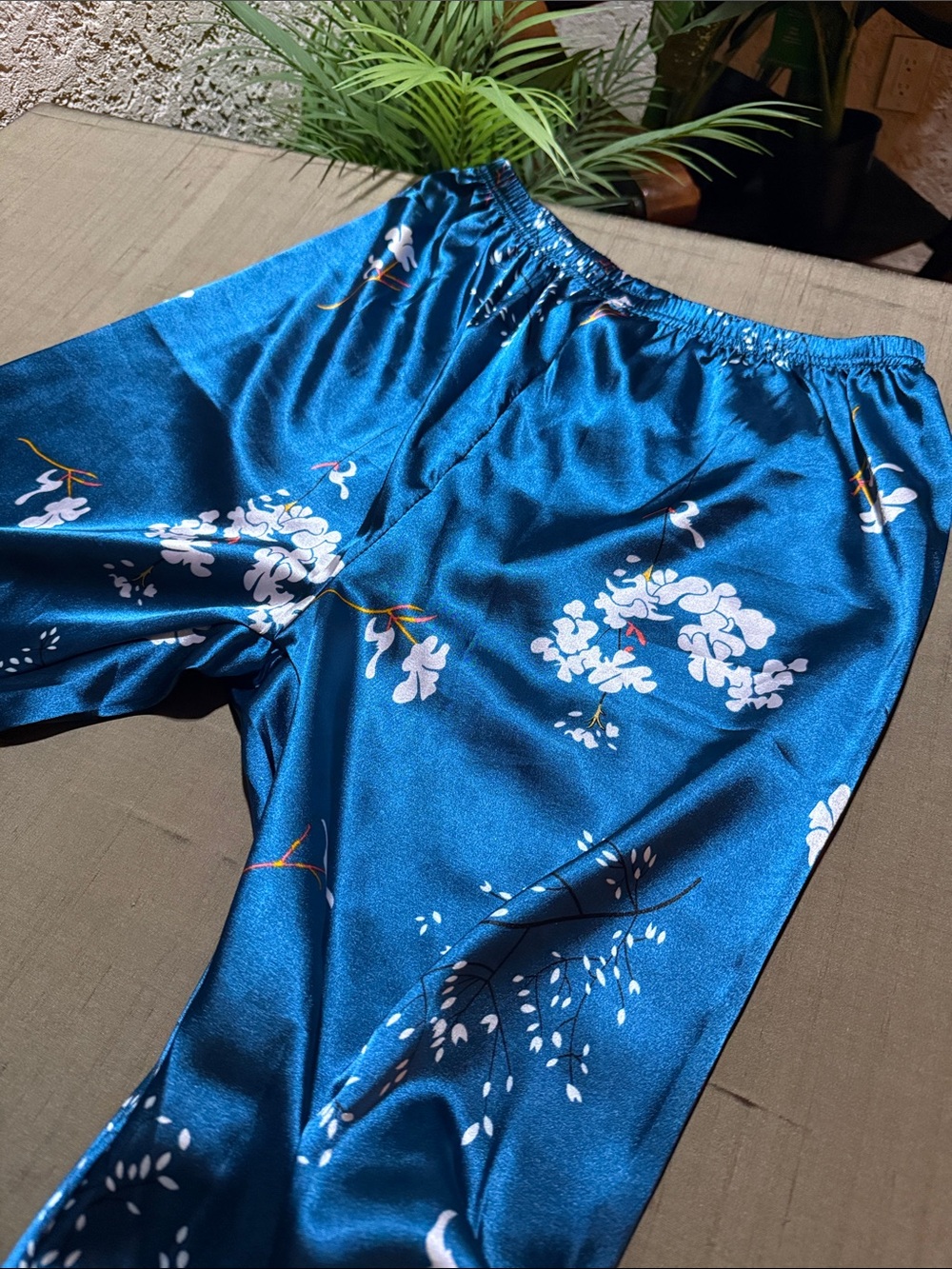 Blue Floral Satin Pajama Pants M Cherry Blossom Lounge Sleepwear - Picture 4 of 5